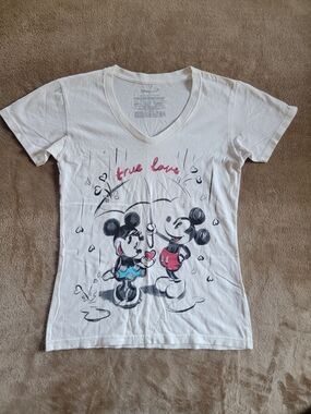 Disney White V-Neck Tee with Mickey & Minnie Red and Blue Accents